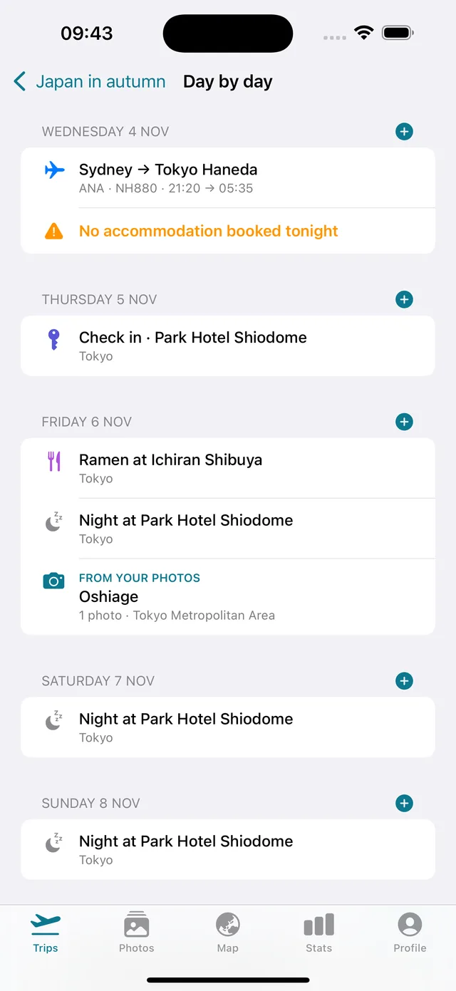 Trvlrr day-by-day itinerary with flights, hotel nights and a gap warning